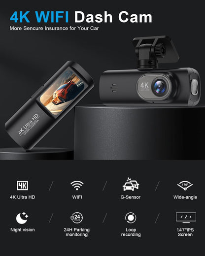 Dash Cam 4K Front, Ultra HD Dash Camera for Cars, 1.47''IPS Screen Mini Car Camera with APP Control, Built-In Wi-Fi & G-Sensor, 24H Parking Mode, Night Vision, WDR, Loop Recording, Support 256GB Max