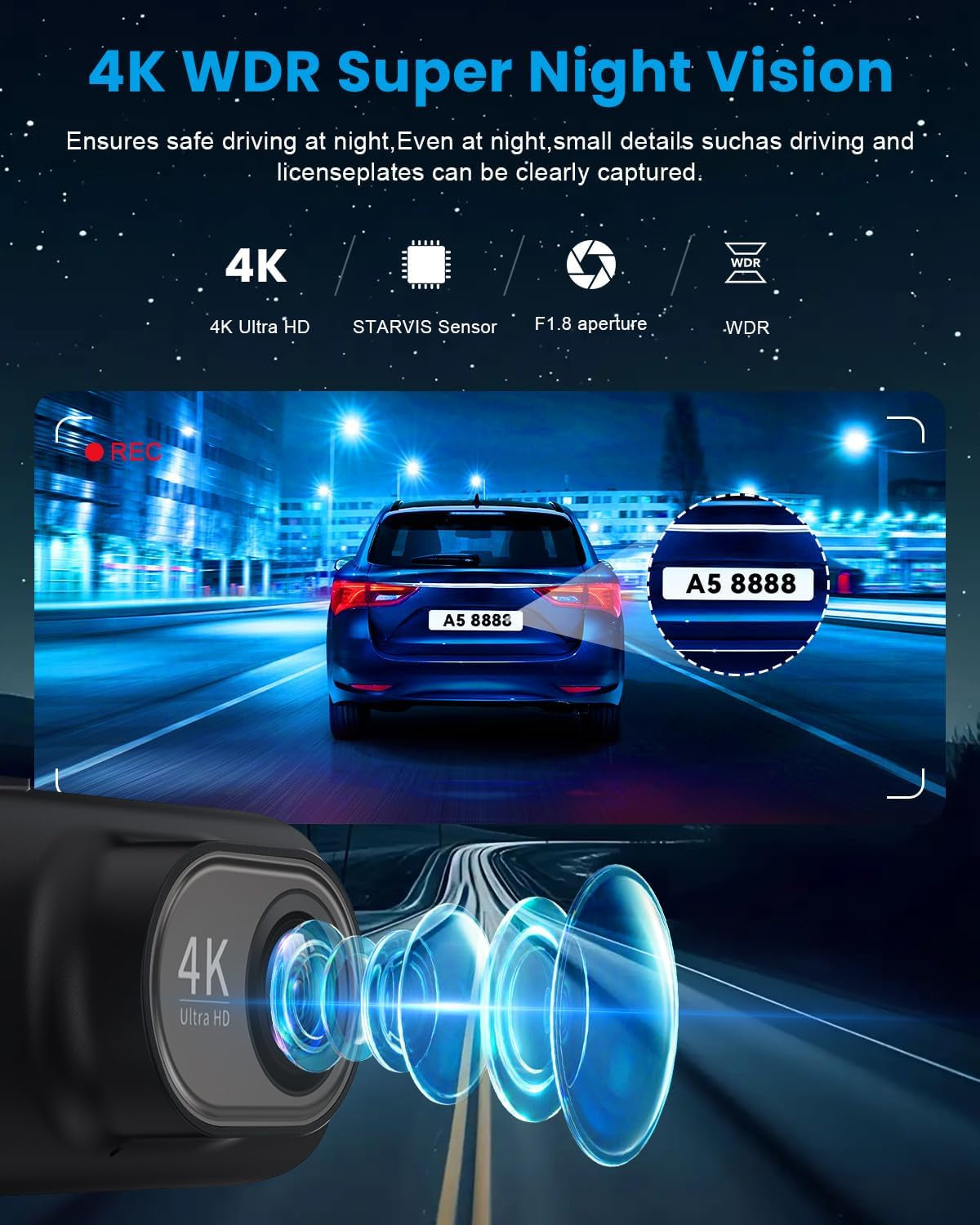 Dash Cam 4K Front, Ultra HD Dash Camera for Cars, 1.47''IPS Screen Mini Car Camera with APP Control, Built-In Wi-Fi & G-Sensor, 24H Parking Mode, Night Vision, WDR, Loop Recording, Support 256GB Max