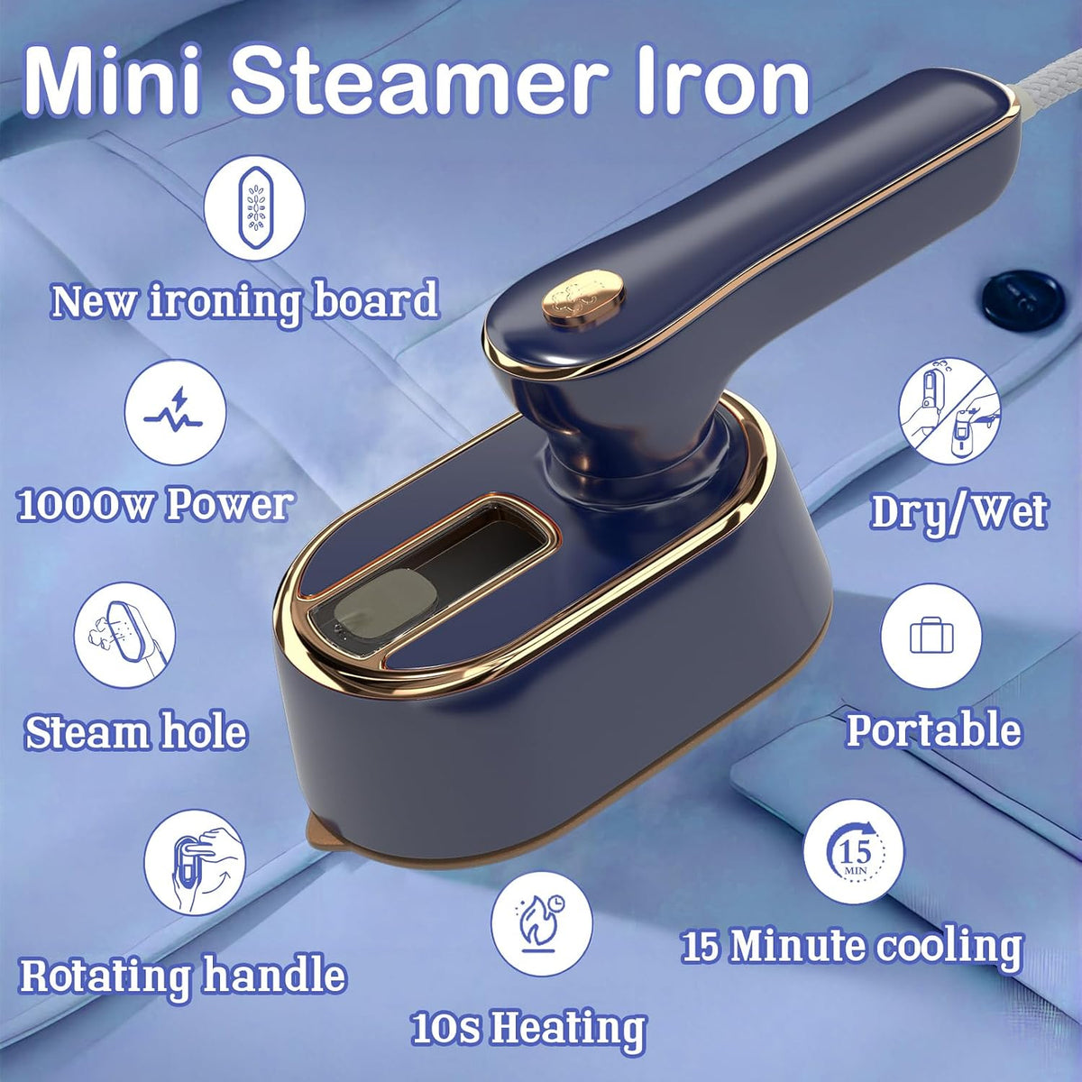 Travel Steamer Iron for Clothes Mini - Portable Ironing Machine Travel Small Size Portable Steamer Travel College Dorm Home Essentials (Blue)