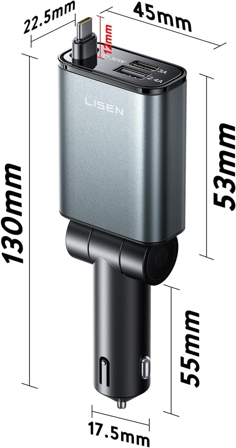 72W Retractable Car Charger Ultra-Compact USBC Fast Car Charger