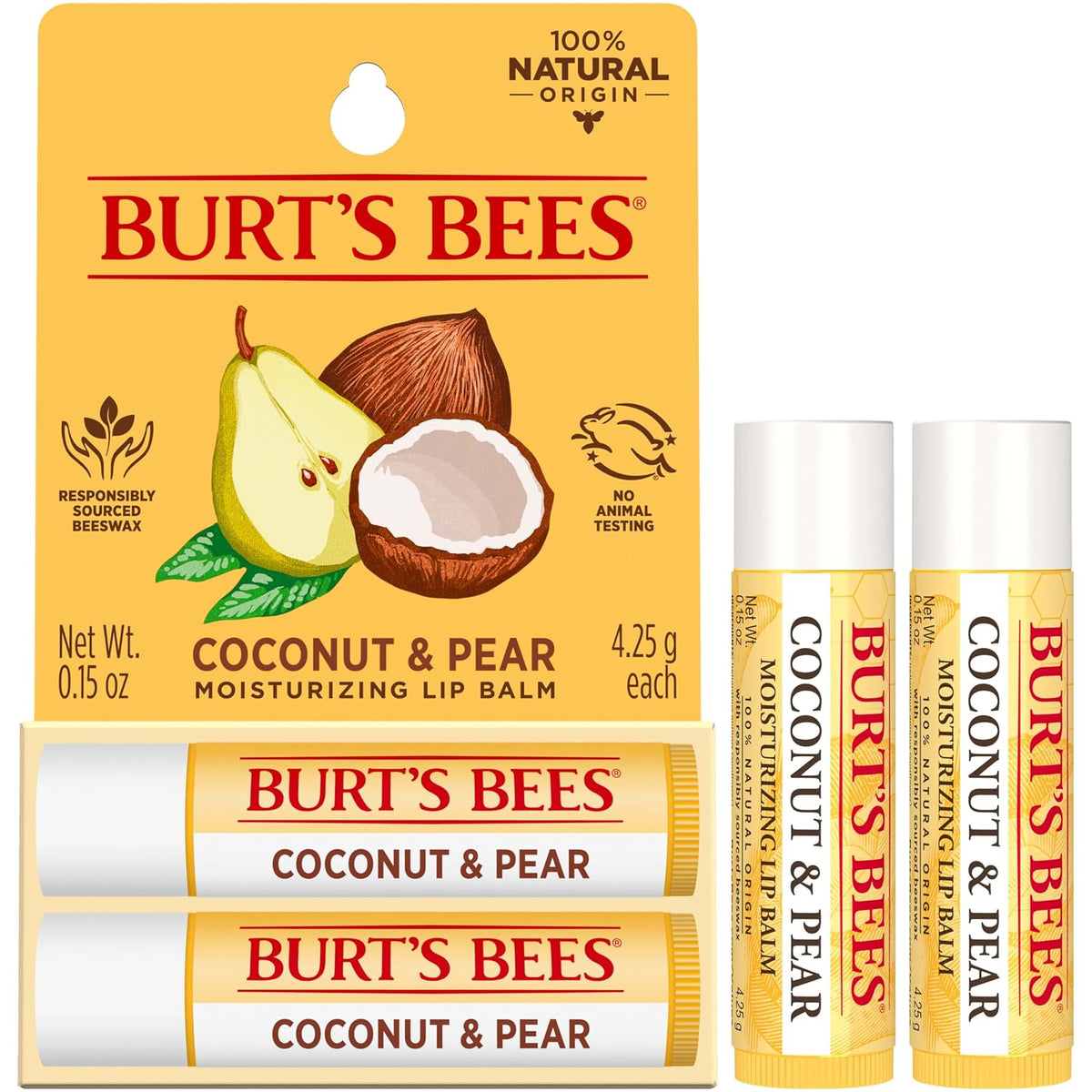 Lip Balm - Coconut and Pear, Lip Moisturizer with Responsibly Sourced Beeswax, Tint-Free, Natural Origin Conditioning Treatment, 2 Tubes, 0.15 Oz.