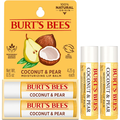 Lip Balm - Coconut and Pear, Lip Moisturizer with Responsibly Sourced Beeswax, Tint-Free, Natural Origin Conditioning Treatment, 2 Tubes, 0.15 Oz.