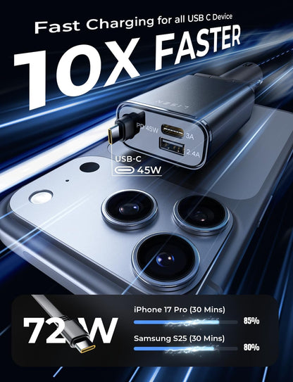 72W Retractable Car Charger Ultra-Compact USBC Fast Car Charger