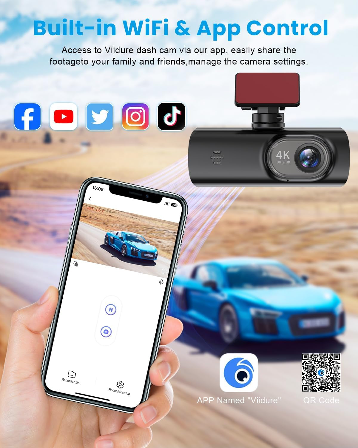 Dash Cam 4K Front, Ultra HD Dash Camera for Cars, 1.47''IPS Screen Mini Car Camera with APP Control, Built-In Wi-Fi & G-Sensor, 24H Parking Mode, Night Vision, WDR, Loop Recording, Support 256GB Max