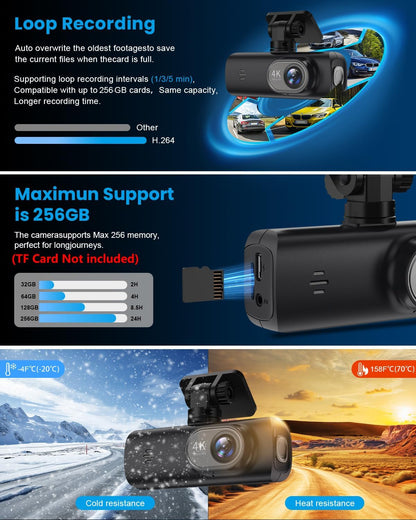 Dash Cam 4K Front, Ultra HD Dash Camera for Cars, 1.47''IPS Screen Mini Car Camera with APP Control, Built-In Wi-Fi & G-Sensor, 24H Parking Mode, Night Vision, WDR, Loop Recording, Support 256GB Max