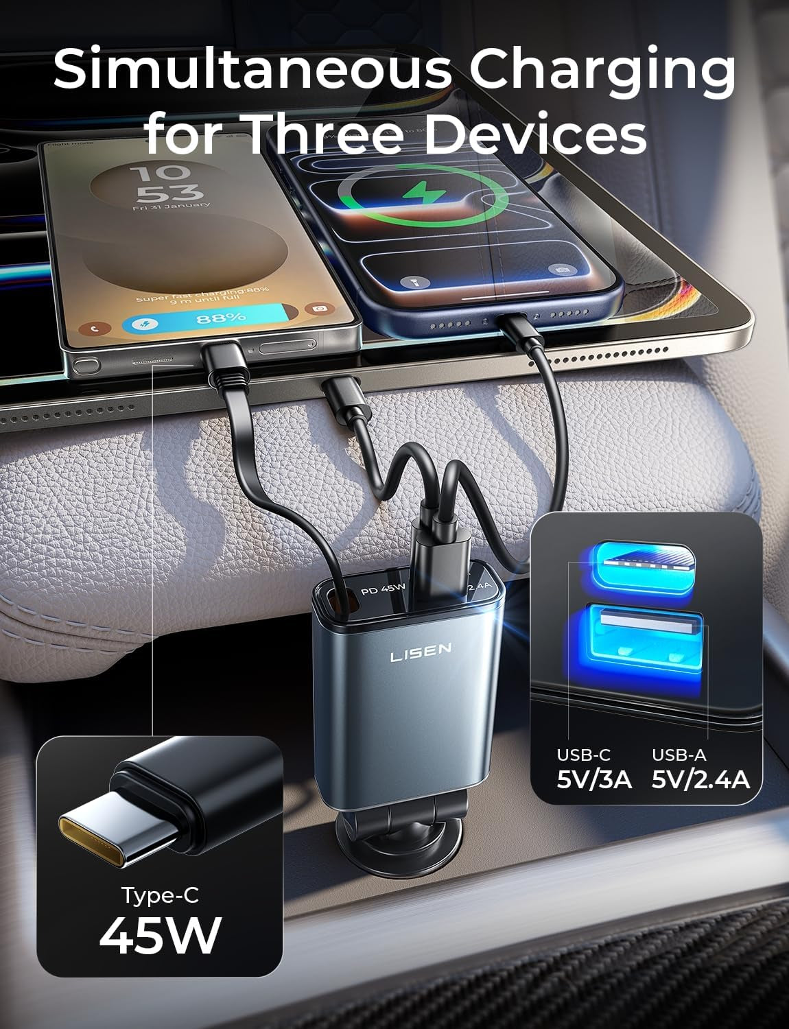 72W Retractable Car Charger Ultra-Compact USBC Fast Car Charger